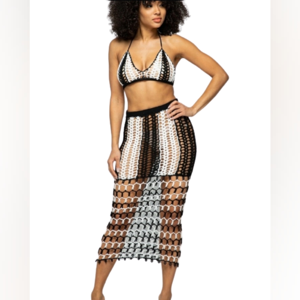 Hera Collection Summerset Black White Halter Beaded Crochet Women's